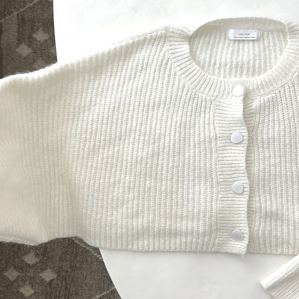 OAK + FORT Cream Knit Boxy Wool Button Down Crop Cardigan Sweater Small - Picture 2 of 6